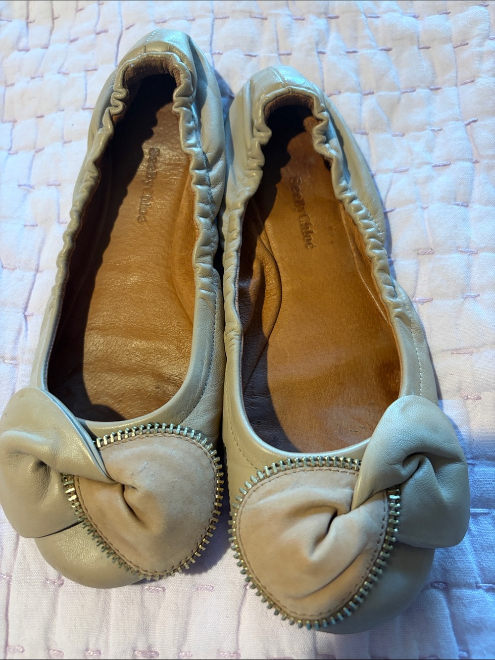 See By Chloe Beige Cream leather zipper bow Ballet Flats - size 6.5